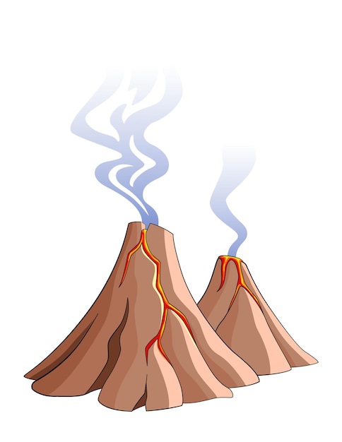 Volcanic mountains. Hot lava erupt. Smoke blowing up. Vector illustration