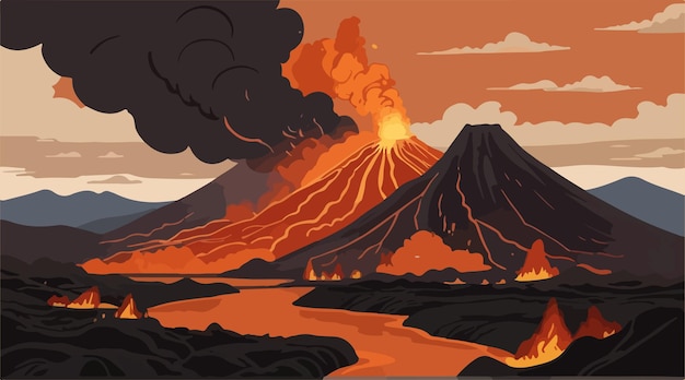 Vector volcano eruption and mountain lake dramatic landscape illustration of lush mountainous terrain