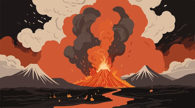 Vector volcano eruption and mountain lake dramatic landscape illustration of lush mountainous terrain