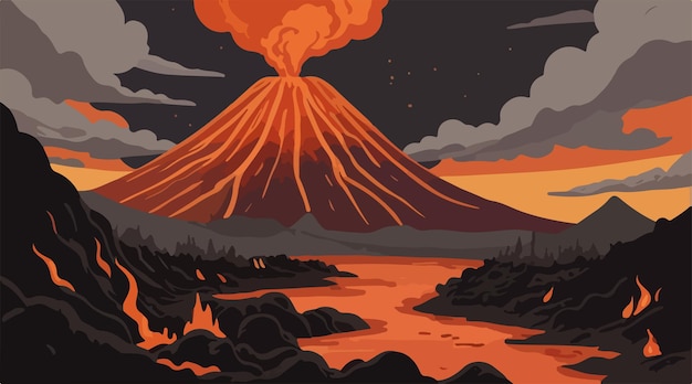 Vector volcano eruption and mountain lake dramatic landscape illustration of lush mountainous terrain