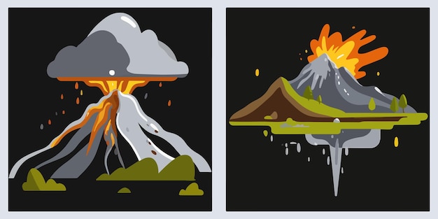 Vector volcano eruption and mountain lake dramatic landscape illustration of lush mountainous terrain