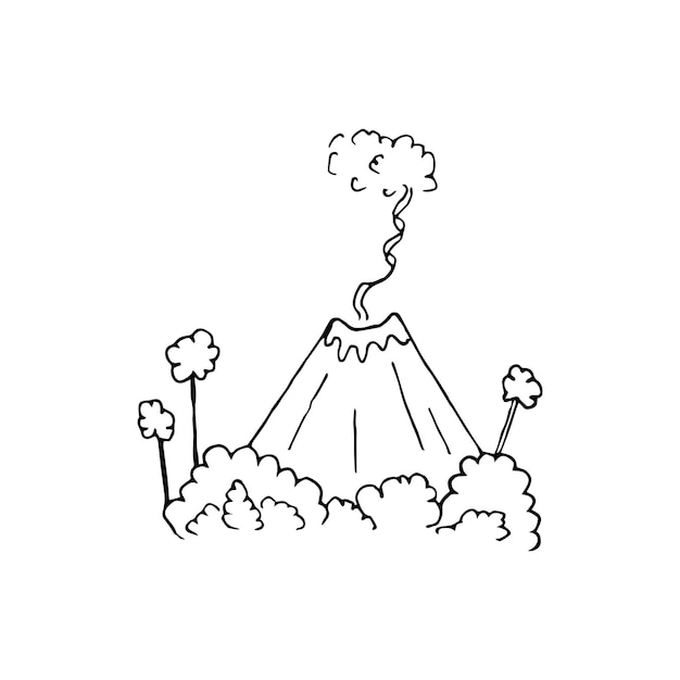 Volcano from the vent of which smoke is coming Volcano in prehistoric tropical jungle handdrawn outline