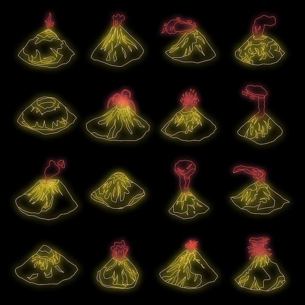 Volcano icons set vector neon