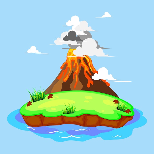 Volcano on an island with smoke Wild landscape volcanic eruption with flowing burning lava down