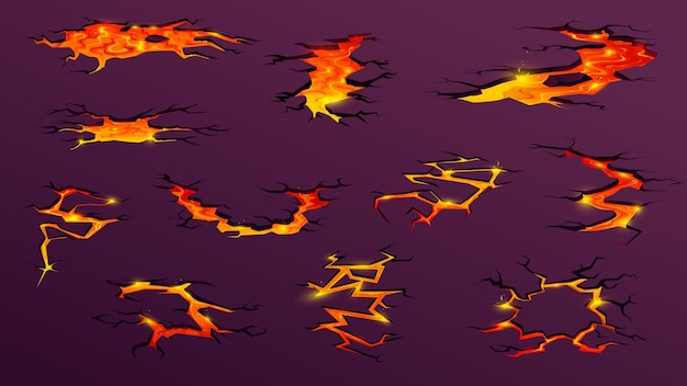 Vector volcano lava or magma fire on ground cracks vector cartoon game effect or background red yellow volcano magma burn or volcanic eruption hole cracks in ground of molten stone rocks in flame