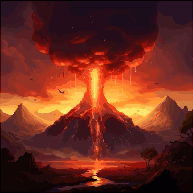 A volcano lava outdoor scene blast game background vector illustration