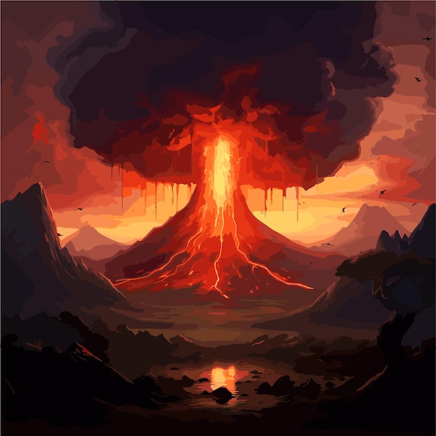 A volcano lava outdoor scene blast game background vector illustration