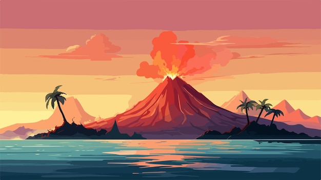 Vector a volcano with a palm tree in the background