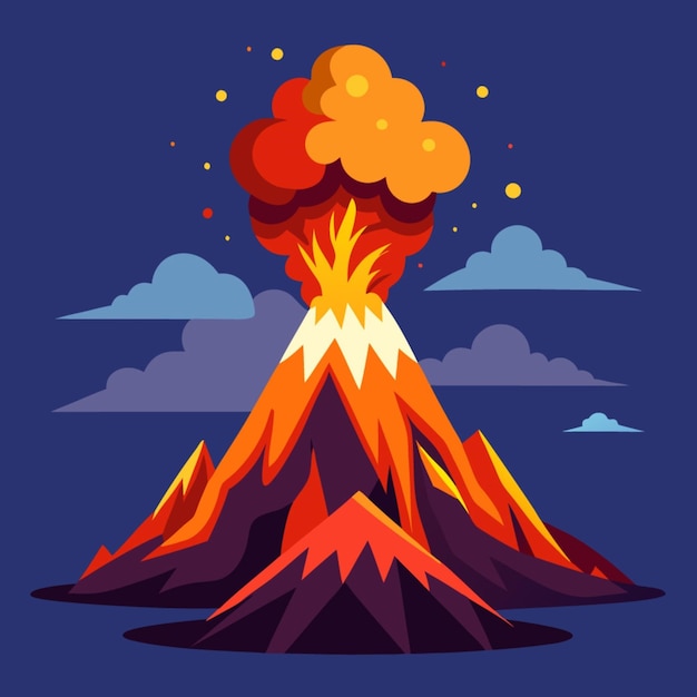 a volcano with a red flame on it and a blue background