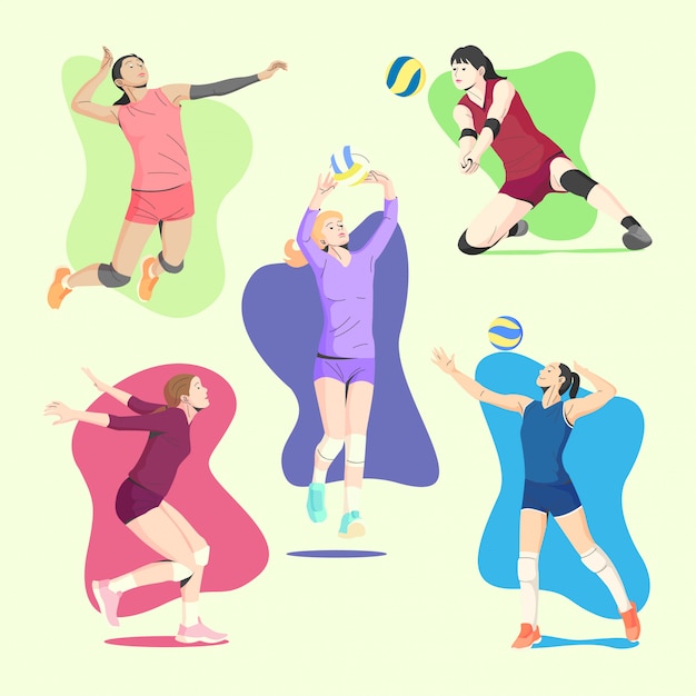 VOLLEY BALL FEMALE PLAYERS IN DIFFERENT MOVES ILLUSTRATION COLLECTION