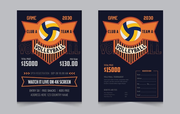 Vector volleyball championship flyer layout double sided poster design for volleyball tournament vector