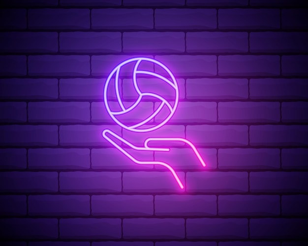 Volleyball and hand outline icon Elements of Sport in neon style icons Simple icon for websites web design mobile app info graphics isolated on brick wall