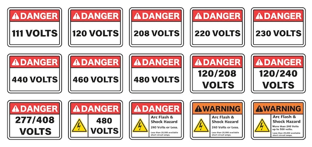 Voltage signs showing power Rectangular electric shock hazard signs Vector illustration