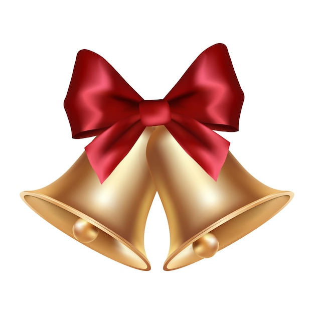 Volumetric realistic golden bell with red bow. School symbol.