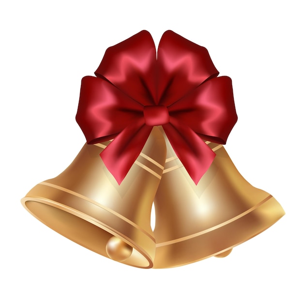 Volumetric realistic golden bell with red bow. School symbol.