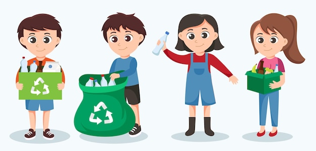 Volunteer activity garbage collection to save the world concpet vector illustration Volunteers of young people with garbage bags volunteering working and environmental cleanup