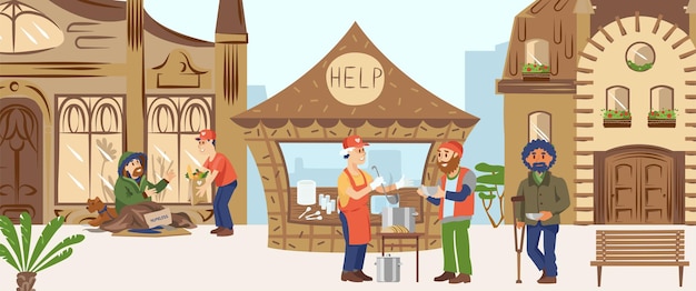 Volunteer character male help people, male feed poor needy people, disabled human receive support flat   illustration.