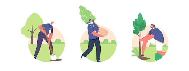 Volunteer Characters Planting Trees Isolated Round Icons or Avatars on White Background People Working in Garden