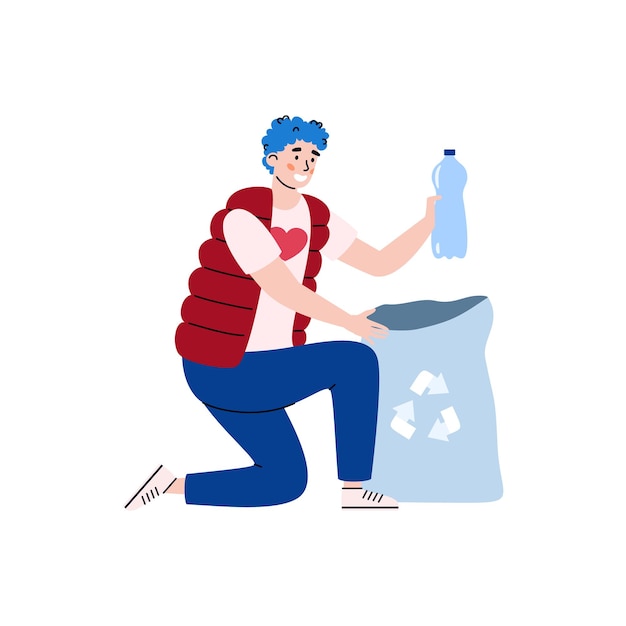 Volunteer collects trash in litter bag cartoon illustration isolated