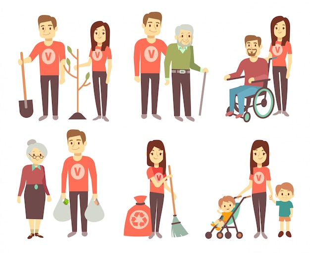 Volunteer helping to disabled people vector characters set for volunteering concept