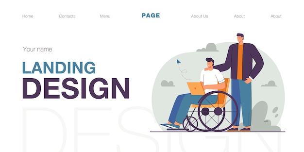 Volunteer helping man in wheelchair flat vector illustration. Disabled person using laptop and social media. Help, inclusion, accessibility concept for banner, website design or landing web page