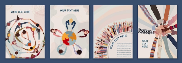 Volunteer people brochure leaflet poster template Raised arms and hands up multicultural peopleVol