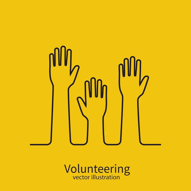 Volunteering concept minimal black line design. Raised hands up. Volunteering charity. Template poster banner. Vector illustration flat style. Isolated on background.