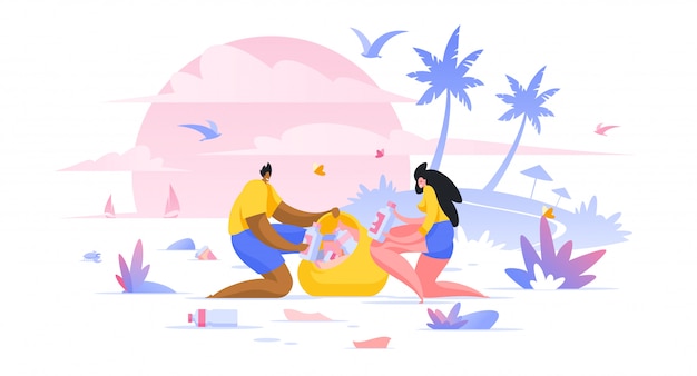 Vector volunteers cleaning beach flat illustration man and woman, social workers cartoon characters