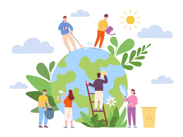 Volunteers cleaning globe Ecologic activists clean green planet volunteers helping care nature of earth world day save plant environmental eco cooperation vector illustration