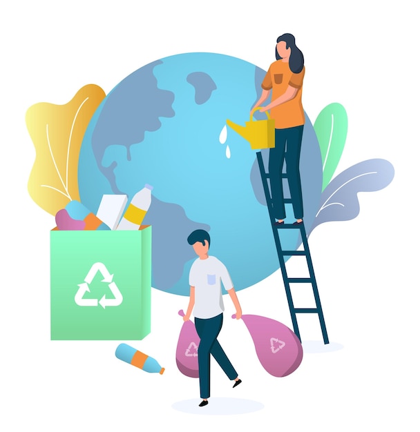 Volunteers cleaning planet earth globe collecting garbage vector illustration save planet environmen...