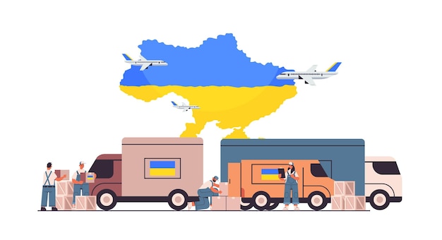 volunteers giving help boxes with Ukraininan flag to refugees humanitarian aid material assistance governmental help concept save Ukraine from russia stop war horizontal vector illustration