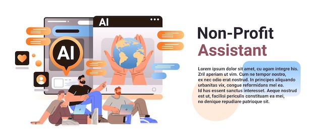 Volunteers using computer app with ai helper bot non-profit assistant humanitarian aid voluntary help concept
