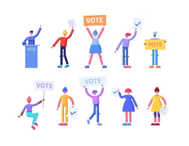 Voting concept flat illustration with happy voters with voting bulletins and signs