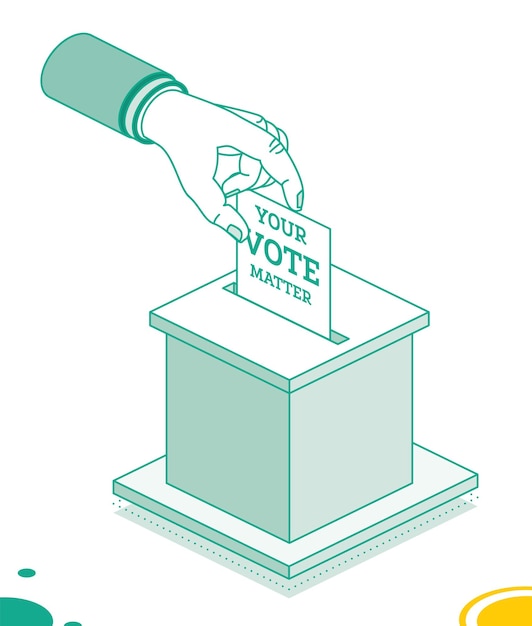 Voting Concept Hand Puts Vote Bulletin into Vote Box Isometric Election Concept with Ballot Box The ballot has the message Your vote matters