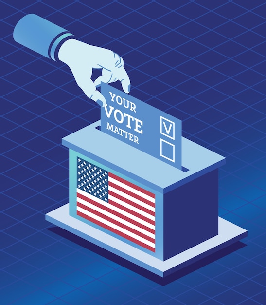 Vector voting concept hand puts vote bulletin into vote box with usa flag isometric election concept with ballot box the ballot has the message your vote matters