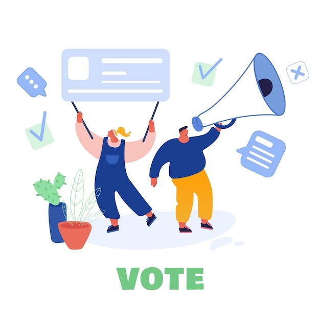 Voting and Election concept template design. Pre-election campaign. Promotion of people candidate characters. Citizens putting paper vote in to the ballot box candidates.