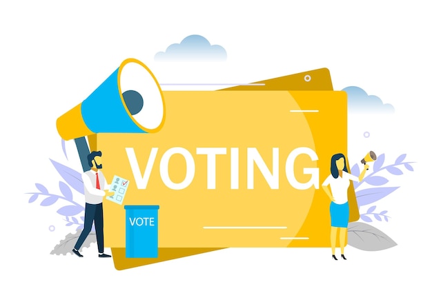 Voting woman speaking through megaphone vector flat illustration for web banner website page etc ele