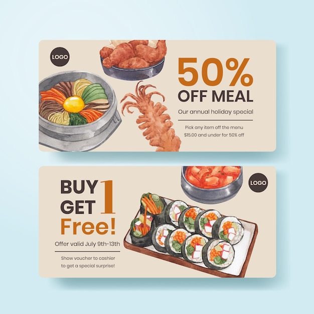 Voucher template with Korean foods concept,watercolor style