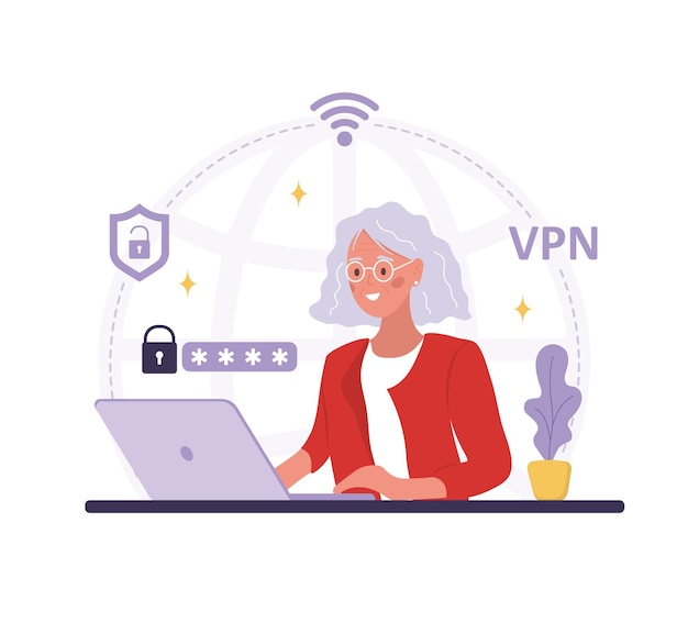 VPN Technology Elderly woman using app for protect personal data Cyber security