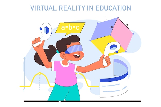 Vector vr in children education little school girl gaining knowledge with help of artificial intelligence