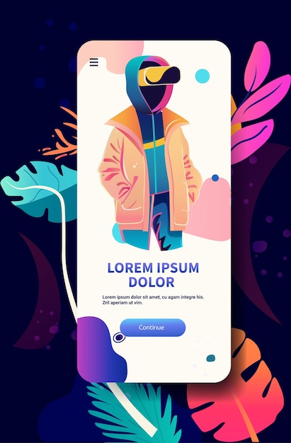 Vector vr headset person in vibrant hoodie modern abstract background tropical leaves mobile app screen