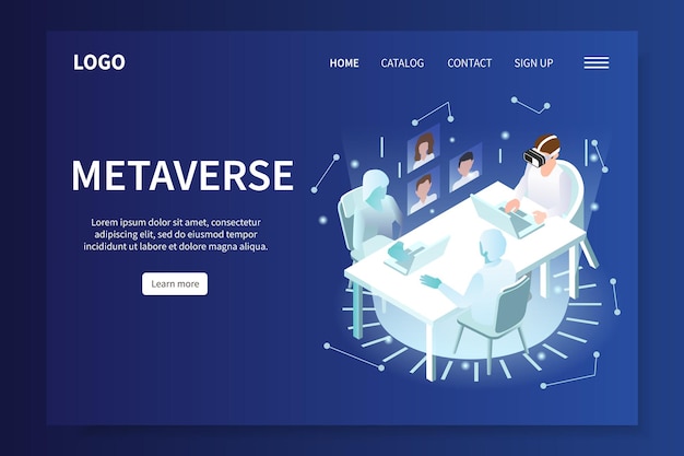 Vr metaverse isometric web site banner or landing page with links big headline and learn more button vector illustration