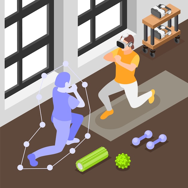 VR sports trainings colored isometric concept girl working out at the gym wearing virtual reality goggles vector illustration