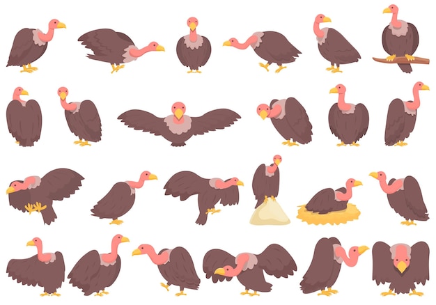 Vulture icons set cartoon vector Animal bird