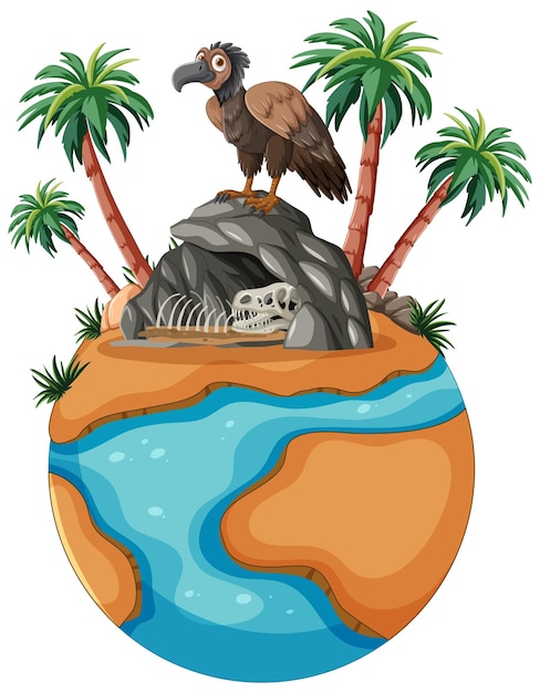 Vulture on Island with Palm Trees