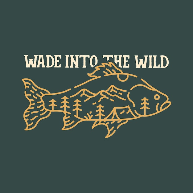 Wade Into The Wild Fishing Adventure Monoline Illustration