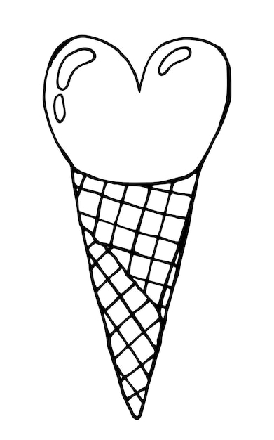 Waffle cone ice cream Ice cream with heart Doodle vector dessert sketch