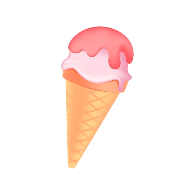 Waffle cone with pink balls of ice cream 3D illustration