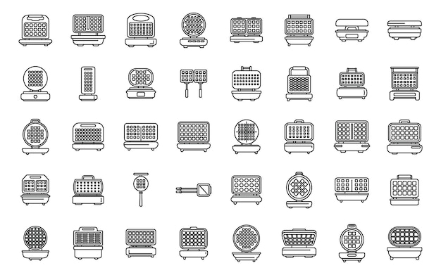 Waffle maker icons set outline vector Pancake baking