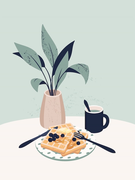  waffles on the plate by potted plant and cup of matcha tea on the table.